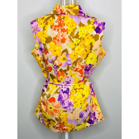 Vintage 70s Lady Manhattan Vibrant Floral Sleeveless Top Belted Size Large Retro - Picture 4 of 11
